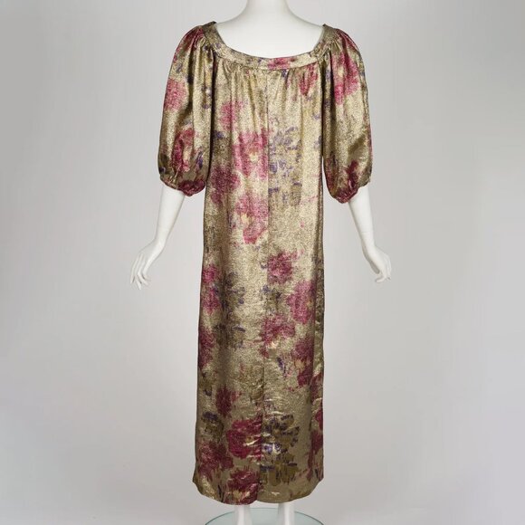 1970s/1980s Vintage Floral Gold Lamé Puff Sleeve Evening Gown Sz L - Picture 4 of 5